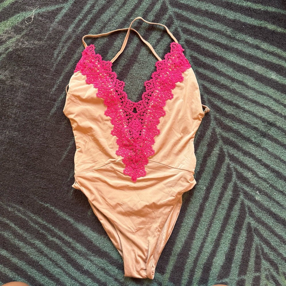 Blue Life Mirage One Piece Tan and Pink Bodysuit with Plunging V-Neckline
